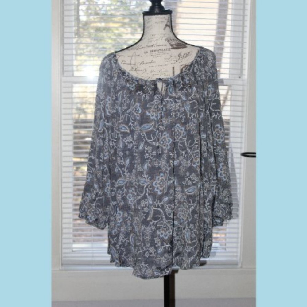 Como Blue Boho Denim Blue Paisley Print Blouse Long Sleeve SZ: 3X